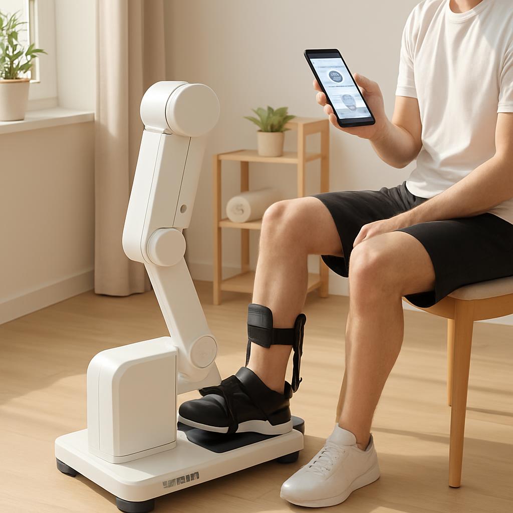 Clinical gait analysis Here is an image of a man sitting on a bench and using a machine to analyze his gait. The man is we...