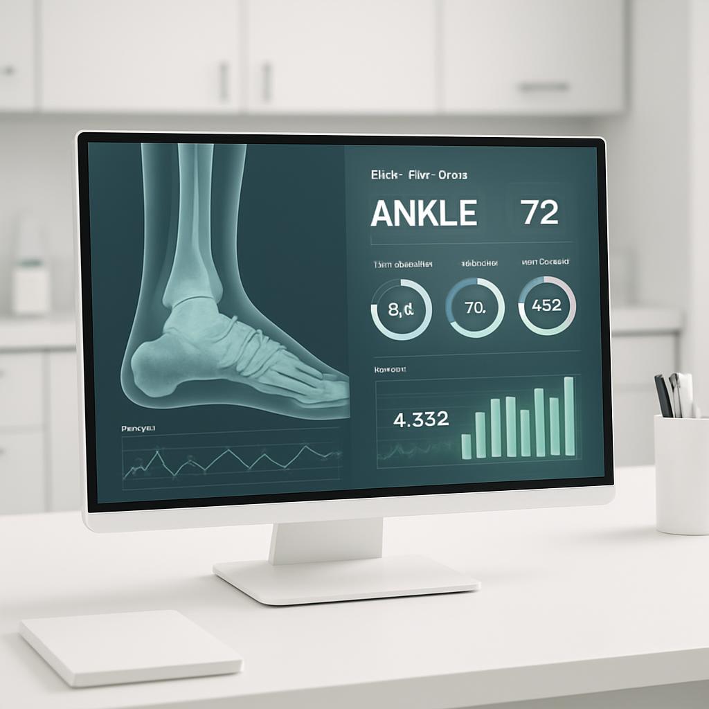 Graphic interface for a computer monitor displaying a medical image of an ankle, with vital signs posted on the right side...