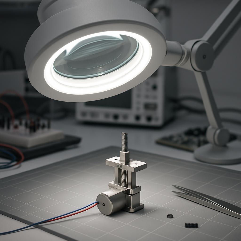 A miniature metal weight-making machine in a dimly lit setting, with a magnifying glass illuminating the metal pieces and ...