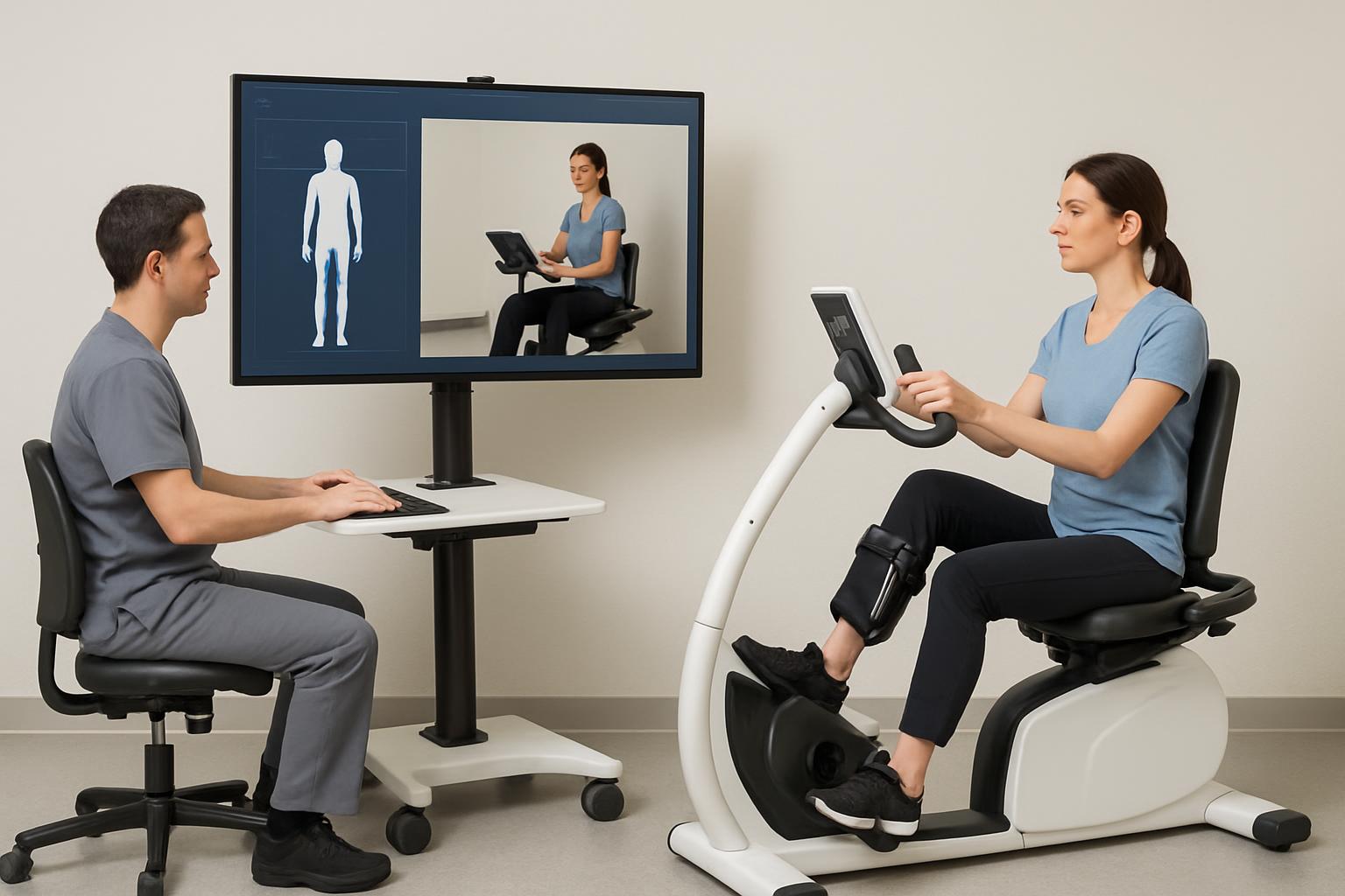 A doctor sits in front of a computer monitor showing a human body outline, while a female patient is on an exercise bike w...